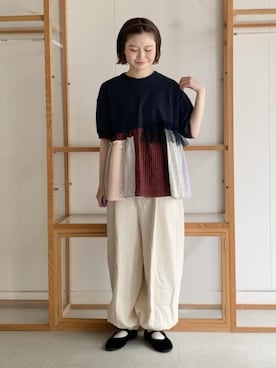 「l'atelier du savon（アトリエドサボン）の_たゆたゆデニムパンツ（デニムパンツ、ホワイト系）」を使った、アトリエドゥサボンさん（レディース・156cm）の夏コーディネート