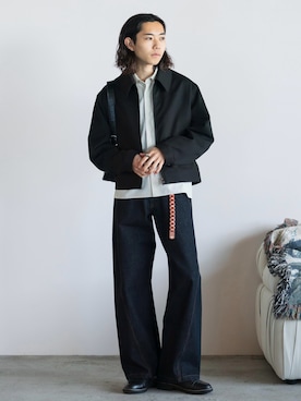 「WYM LIDNM（ウィム バイ リドム）のTECH WOOL GABARDINE ZIP BLOUSON【SET-UP】（ブルゾン、ブラック系）」を使った、れいたさん（メンズ・167cm）の春コーディネート