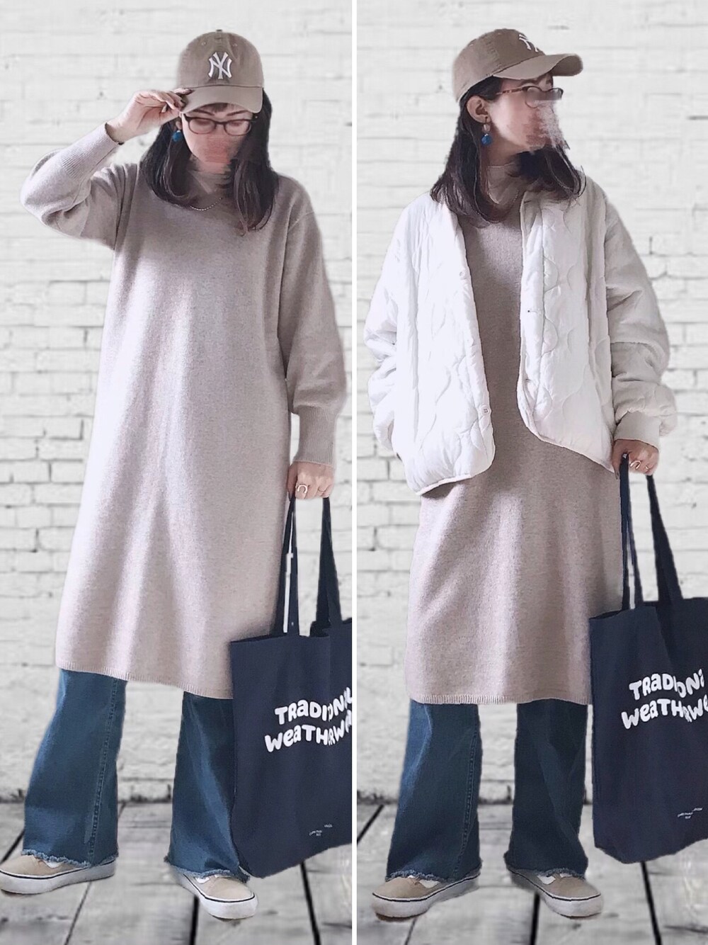 「キャップ、ニットワンピース、レイヤードスタイル、大人カジュアル、休日スタイル、キルティングジャケット、Traditional Weatherwear、シンプルコーデ、ゆったりコーデ、デニムコーデ、アーバンリサーチロッソ、メガネ女子、秋コーデ、URBAN RESEARCH ROSSO、高身長コーデ」｜「URBAN RESEARCH ROSSOの【一部WEB限定カラー】カシミヤ混ラムウールVネックニットワンピース（ワンピース、ベージュ系）」を使った、UMiSatoさん（レディース・163cm）の秋コーディネートの1枚目の写真