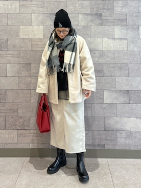 「アイテム（ニットキャップ/ビーニー）」を使った、UMiSatoさん（レディース・163cm）の冬コーディネート