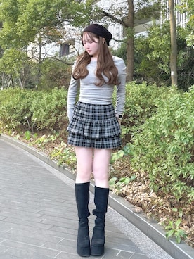 「VIVIAN（ヴィヴィアン）のスクエアトゥ厚底プラットフォームストレッチロングブーツ（ブーツ、ブラック系）」を使った、mayu さん（レディース・155cm）の春コーディネート