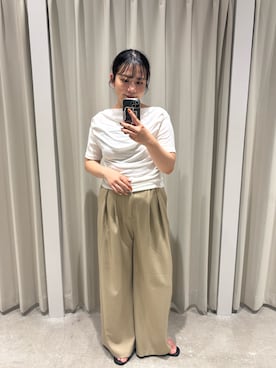 「SENSE OF PLACE by URBAN RESEARCH(センスオブプレイスバイアーバンリサーチ)のシアードレープトップ(半袖)(Tシャツ/カットソー、ホワイト系)」を使った、ナギサさん(レディース・160cm)の夏コーディネート