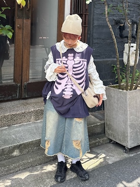 「アイテム（タンクトップ）」を使った、華愛さん（レディース・149cm）の夏コーディネート