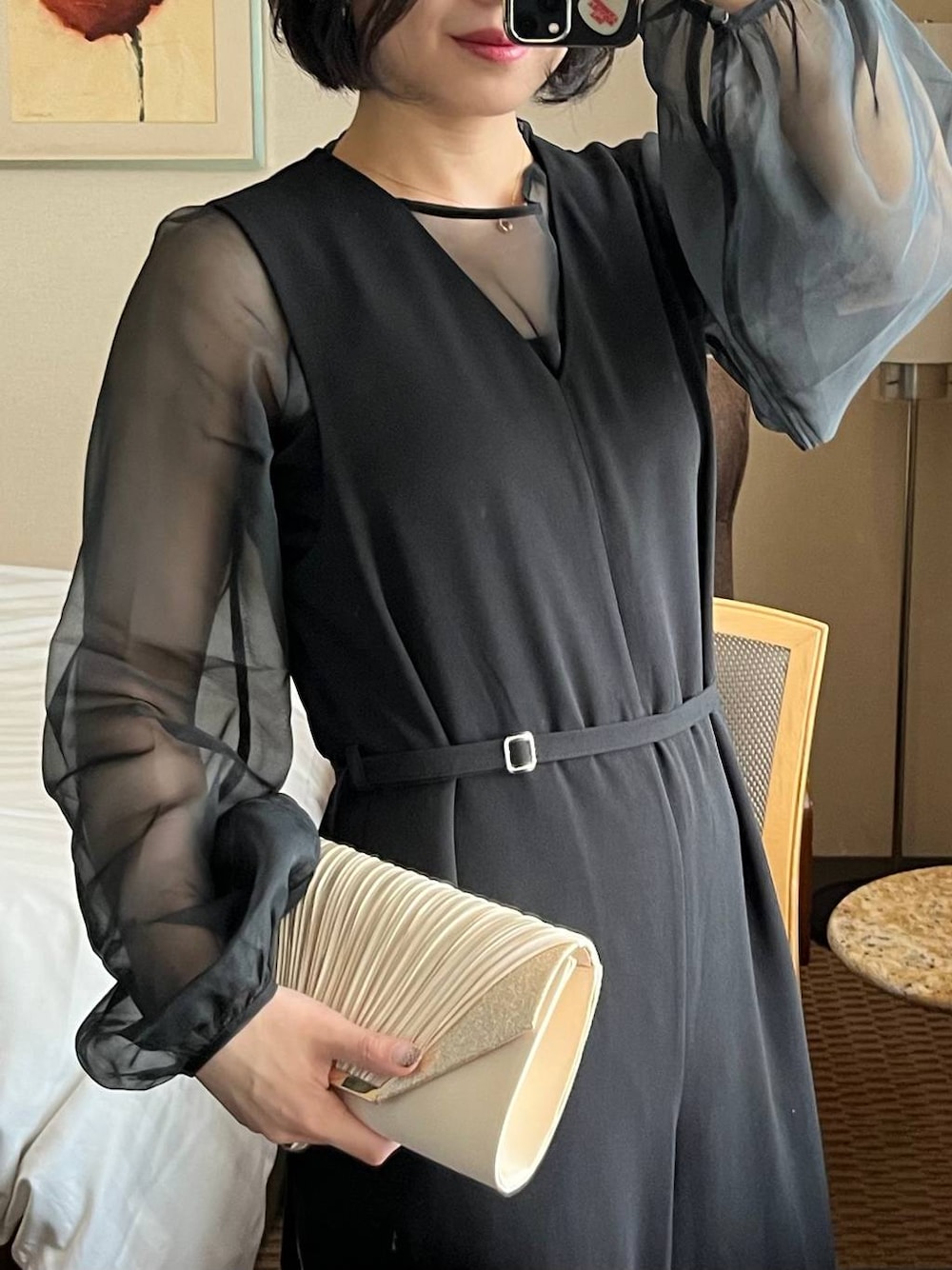 「LEPSIM、結婚式2次会、ワンピース、ワントーン、結婚式、お呼ばれスタイル、オールインワン、シアートップス、きれいめカジュアル、モノトーン、レイヤードスタイル、秋コーデ、二次会、ドレス、フォーマル」｜「LEPSIMのカップ付きホソキャミ　175280（キャミソール、ブラック系）」を使った、エムアイさん（レディース・162cm）の秋コーディネートの1枚目の写真