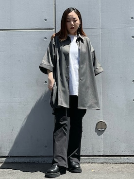 「Lui's（ルイス）の5分袖 BIGストライプシャツ（シャツ/ブラウス、ブラック系）」を使った、五十嵐 あやさん（レディース・159cm）の春コーディネート