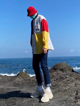 「KANGOL（カンゴール）のアイテム（帽子、レッド系）」を使った、Zackさん（メンズ・183cm）の秋コーディネート
