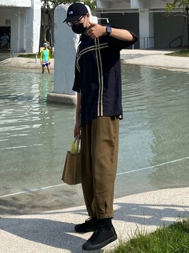 「GU（ジーユー）のアイテム（シューズ、ブラック系）」を使った、Zackさん（メンズ・183cm）の夏コーディネート