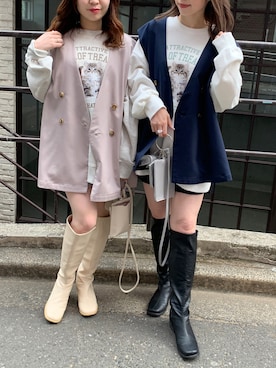 「ネコ」｜「アイテム（ジャケット/アウター）」を使った、risa☻さん（レディース・155cm）の春コーディネート
