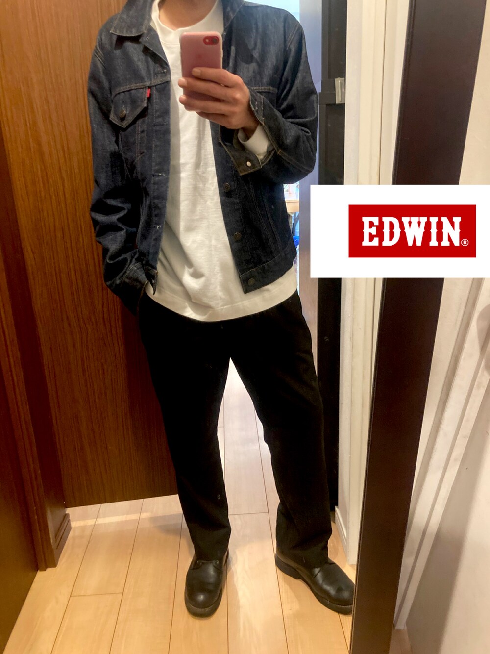 「メンズコーデ、今日のコーデ、ワイドパンツ、デニムジャケット、エドウィン」｜「EDWINのアイテム（デニムジャケット、ブルー系）」を使った、Kanechanさん（メンズ・172cm）の秋コーディネートの1枚目の写真
