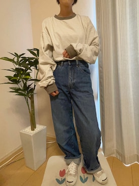 「flaner（フラネ）のルーズボーダーロンTee（Tシャツ/カットソー、グリーン系）」を使った、miさん（レディース・156cm）の秋コーディネート