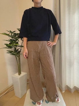 「GU（ジーユー）のアイテム（Tシャツ/カットソー、ブルー系）」を使った、miさん（レディース・156cm）の秋コーディネート