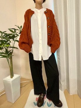 「GU（ジーユー）のアイテム（カーディガン/ボレロ、オレンジ系）」を使った、miさん（レディース・156cm）の秋コーディネート