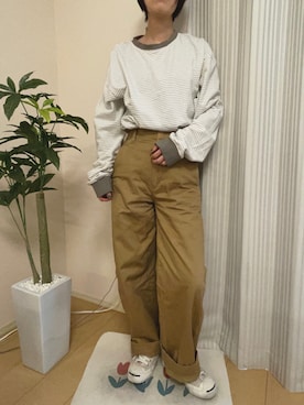 「flaner（フラネ）のルーズボーダーロンTee（Tシャツ/カットソー、グリーン系）」を使った、miさん（レディース・156cm）の秋コーディネート