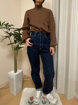 「GU（ジーユー）のアイテム（ニット/セーター、ブラウン系）」を使った、miさん（レディース・156cm）の秋コーディネート