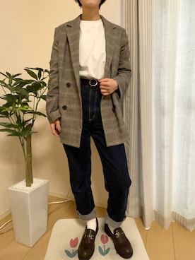 「UNIQLO（ユニクロ）のアイテム（Tシャツ/カットソー、ホワイト系）」を使った、miさん（レディース・156cm）の秋コーディネート