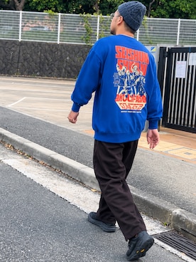 「新しい学校のリーダーズのSEISHUN SHURAI SWEAT（スウェット、ブルー系）」を使った、はんじろーさん（メンズ・175cm）の秋コーディネート