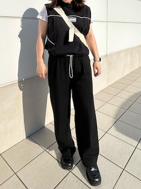 「select MOCA（セレクトモカ）のスクエアトゥフェイクレザーローファー（ローファー、ブラック系）」を使った、‪ ·͜·さん（レディース・158cm）の夏コーディネート