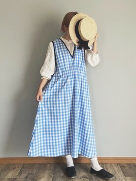 「カンカン帽」｜「アイテム（ジャンパースカート）」を使った、ka﻿﻿o ̆̈﻿riさん（レディース・154cm）の夏コーディネート