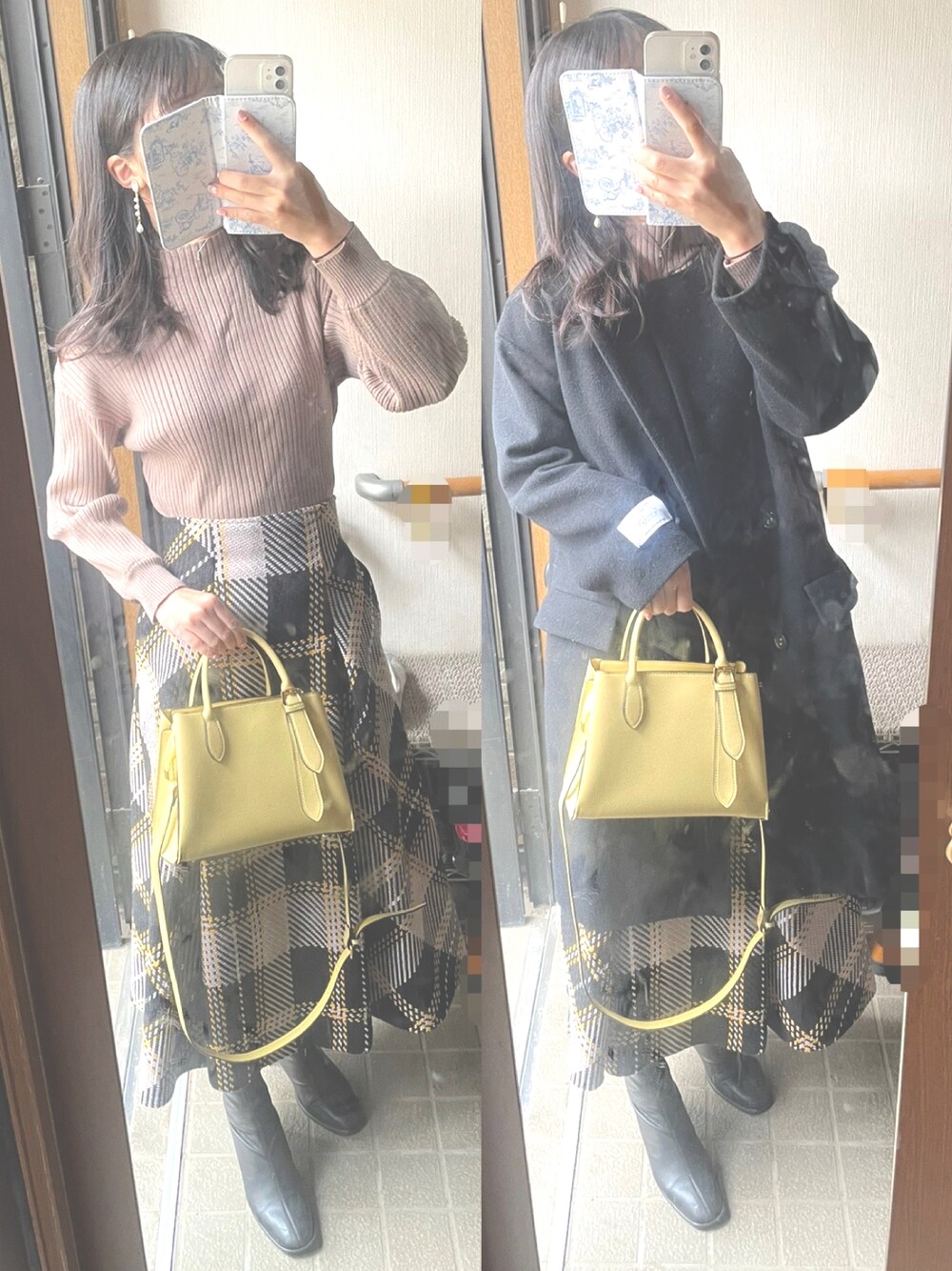 「休日コーデ、オトナ女子、きれいめカジュアル、ブーツコーデ、スカートスタイル、大人かわいい、秋冬コーデ、キレイめコーデ、ロングコート、今日のコーデ」｜「Te chichi CLASSICのウールノーカラーダブルコート（ノーカラーコート、ブラック系）」を使った、ほたるさん（レディース・159cm）の秋コーディネートの1枚目の写真