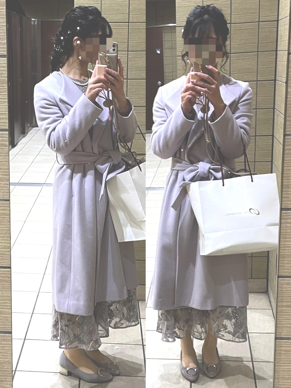 「結婚式、結婚式 ワンピース、結婚式コーデ、結婚式お呼ばれ、結婚式ヘア」｜「NOLLEY’S Sophiのノーカラーコート（ノーカラーコート、パープル系）」を使った、ほたるさん（レディース・159cm）の春コーディネートの1枚目の写真