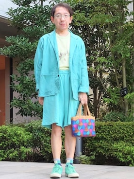 「tesoroの　ジュート & アフリカンプリント バッグ シアン（バッグ、ブルー系）」を使った、ちゃばこさん（メンズ・168cm）の秋コーディネート