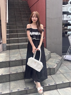 「Chico（チコ）のレース配色ロングワンピース（ワンピース、ブラック系）」を使った、miyu 🤍さん（レディース・156cm）の夏コーディネート