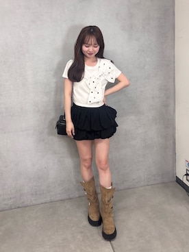「Chico（チコ）のリボンデザインチビT（Tシャツ/カットソー、ホワイト系）」を使った、miyu 🤍さん（レディース・156cm）の春コーディネート