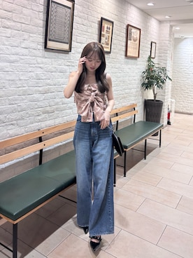「Chico（チコ）のチェックリボンベアトップス（シャツ/ブラウス、ピンク系）」を使った、miyu 🤍さん（レディース・156cm）の春コーディネート