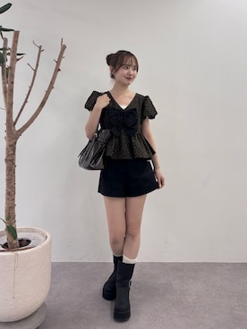 「Chico（チコ）のダブルリボンパフブラウス（シャツ/ブラウス、ブラウン系）」を使った、miyu 🤍さん（レディース・156cm）の夏コーディネート