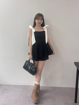 「Chico（チコ）の【水着/トップス】肩リボンペプラムトップス（水着、ブラック系）」を使った、miyu 🤍さん（レディース・156cm）の夏コーディネート