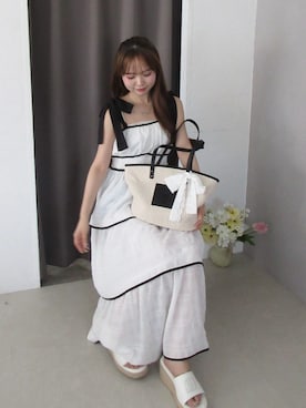 「Chico（チコ）のレースリボン付きカゴトートバッグ（トートバッグ、ホワイト系）」を使った、miyu 🤍さん（レディース・156cm）の夏コーディネート