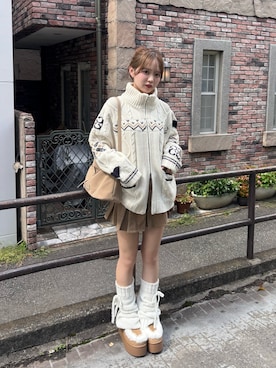 「Chico（チコ）の【セットアップ対応】ノルディックzipルーズニット（ニット/セーター、ホワイト系）」を使った、miyu 🤍さん（レディース・156cm）の夏コーディネート