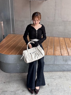 「Chico（チコ）のスパンコールシアーカーディガン（カーディガン/ボレロ、ブラック系）」を使った、miyu 🤍さん（レディース・156cm）の夏コーディネート