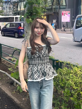 「Chico（チコ）のチェックペプラムブラウス（シャツ/ブラウス、ホワイト系）」を使った、miyu 🤍さん（レディース・156cm）の春コーディネート