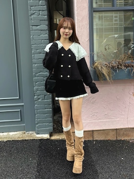 「Chico（チコ）のレースレイヤードダブルボタンショートパンツ（その他パンツ、ブラック系）」を使った、miyu 🤍さん（レディース・156cm）の秋コーディネート