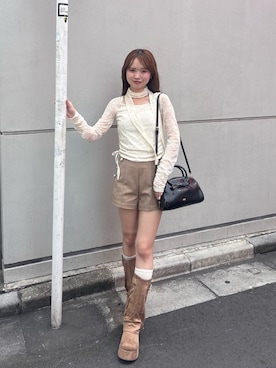 「Chico（チコ）のコルセットデザインレースT（Tシャツ/カットソー、ホワイト系）」を使った、miyu 🤍さん（レディース・156cm）の夏コーディネート