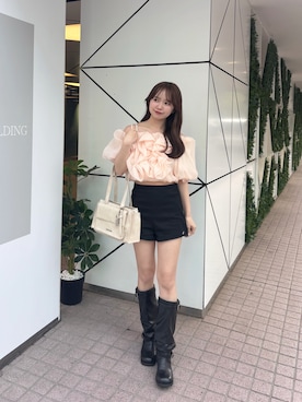 「Chico（チコ）のフリルオフショルバルーンブラウス（シャツ/ブラウス、ピンク系）」を使った、miyu 🤍さん（レディース・156cm）の春コーディネート