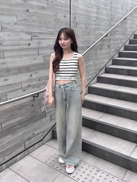 「Chico（チコ）の【WEB限定/REVIVAL】ポケットレースワイドデニム（デニムパンツ、ブルー系）」を使った、miyu 🤍さん（レディース・156cm）の春コーディネート
