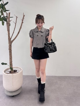 「Chico（チコ）の【セットアップ対応】パフスリーブダブルシャツ（シャツ/ブラウス、ブラウン系）」を使った、miyu 🤍さん（レディース・156cm）の夏コーディネート