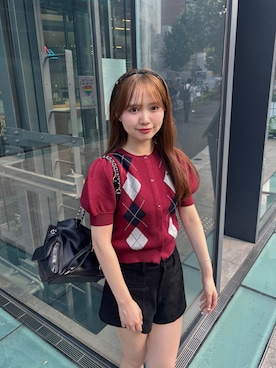 「Chico（チコ）のアーガイルコンパクトカーディガン（カーディガン/ボレロ、レッド系）」を使った、miyu 🤍さん（レディース・156cm）の夏コーディネート