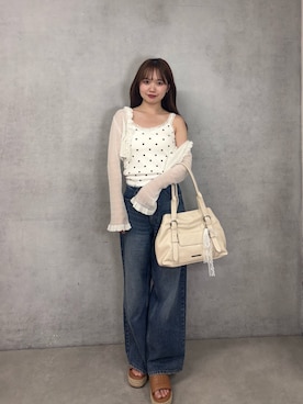 「Chico（チコ）のバックドロストシアーカーディガン（カーディガン/ボレロ、ホワイト系）」を使った、miyu 🤍さん（レディース・156cm）の春コーディネート