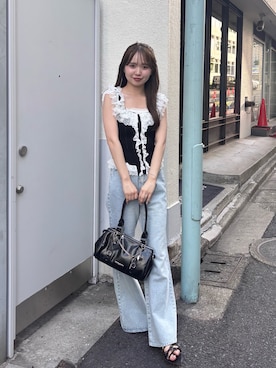 「Chico（チコ）のレースドッキングニットタンク（ニット/セーター、ブラック系）」を使った、miyu 🤍さん（レディース・156cm）の春コーディネート