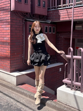 「Chico（チコ）のツイードリボンニットタンク（ニット/セーター、ブラック系）」を使った、miyu 🤍さん（レディース・156cm）の春コーディネート
