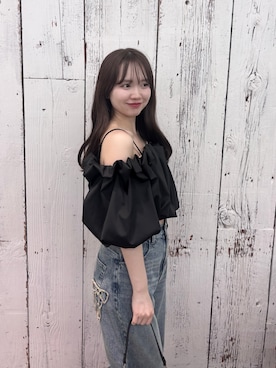「Chico（チコ）の【水着/トップス】バルーンオフショルトップス（水着、ブラック系）」を使った、miyu 🤍さん（レディース・156cm）の春コーディネート
