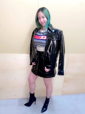 「ディーゼル」｜「アイテム（ライダースジャケット）」を使った、友加里さん（レディース・159cm）の秋コーディネート