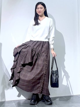 「PAGEBOY（ページボーイ）の【選べる着丈/前後2WAY/マシンウォッシャブル】マルチWAYネックプルオーバー/ニット（ニット/セーター）」を使った、misao1130さん（レディース・161cm）の秋コーディネート