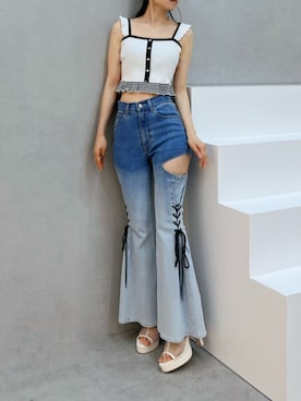 「EATME（イートミー）のBACKリボンシアーブーツサンダル（サンダル、ホワイト系）」を使った、LAMさん（レディース・162cm）の夏コーディネート