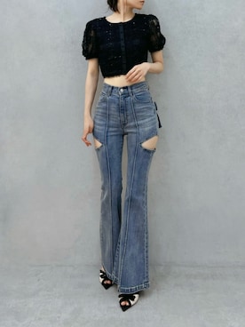 「EATME（イートミー）のBACKリボンカットアウトデニムパンツ（デニムパンツ、ブルー系）」を使った、LAMさん（レディース・162cm）の夏コーディネート