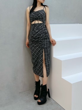 「EATME（イートミー）のダブルリボンブーツサンダル（サンダル、ブラック系）」を使った、LAMさん（レディース・162cm）の夏コーディネート