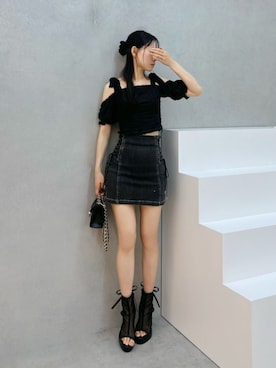 「EATME（イートミー）のBACKリボンシアーブーツサンダル（サンダル、ブラック系）」を使った、LAMさん（レディース・162cm）の夏コーディネート